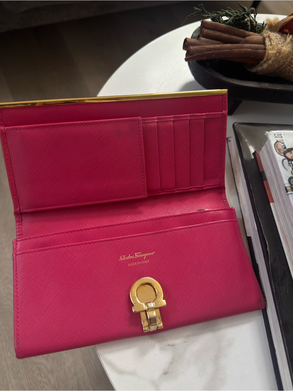 Salvatore Ferragamo Hot Pink Leather Gancini Card Holder Wallet